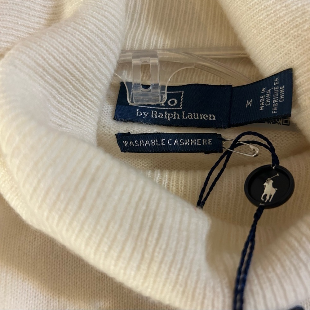Polo Ralph Lauren Cashmere Geo-Motif Turtleneck Tassel Tie Sweater in Cream/Navy - Picture 7 of 9
